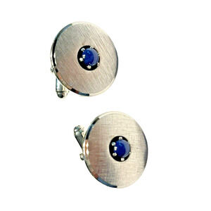 Vintage Anson Sterling Silver Cufflinks Brushed Discs with Blue Center Stones